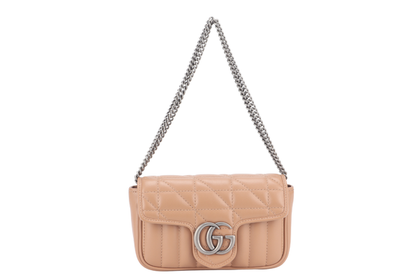 GUCCI GG MARMONT SUPER MINI BEIGE MATELASSE CHEVRON LEATHER RUTHENIUM HARDWARE WITH DUST COVER AND BOX