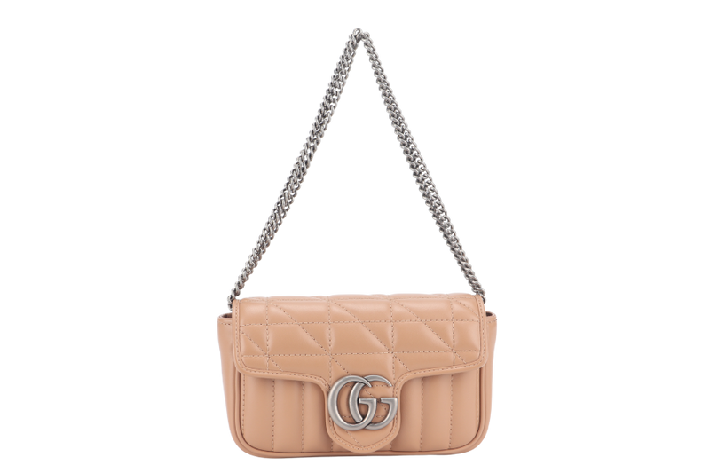 GUCCI GG MARMONT SUPER MINI BEIGE MATELASSE CHEVRON LEATHER RUTHENIUM HARDWARE WITH DUST COVER AND BOX