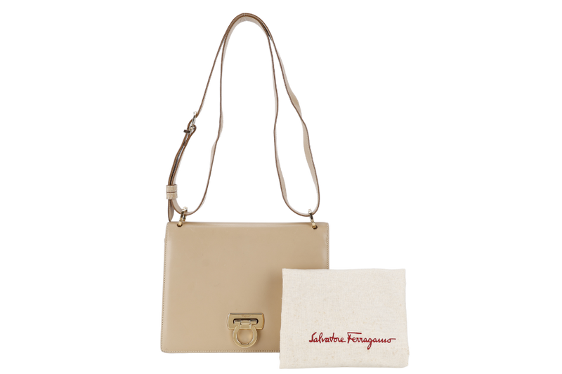 SALVATORE FERRAGAMO GANCINI SHOULDER BAG BEIGE LEATHER GOLD HARDWARE WITH DUST COVER