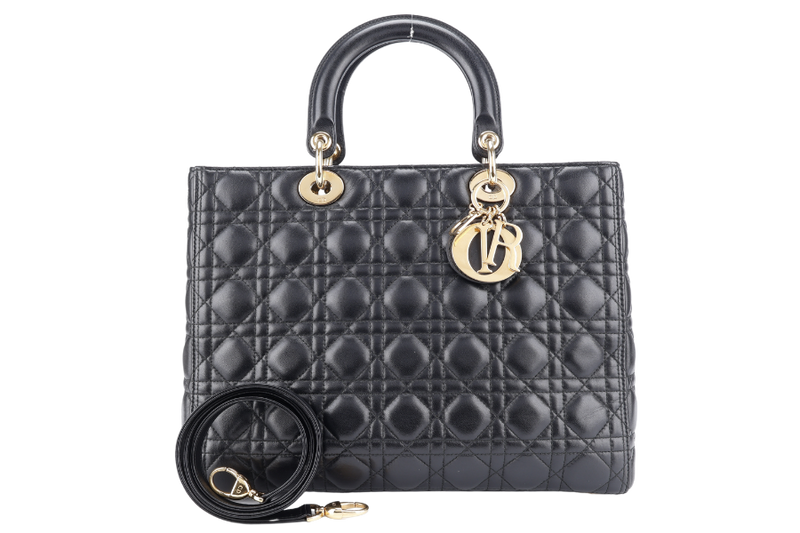 CHRISTIAN DIOR LADY DIOR LARGE BLACK LAMBSKIN (18-MA-0114) GOLD HARDWARE WITH STRAPS, NO DUST COVER
