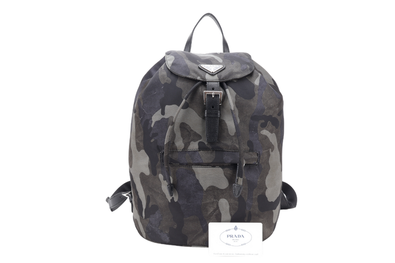 PRADA BZ0032 TESSUTO CAMOUFLAGE PATTERN GREEN BACKPACK WITH SILVER HARDWARE WITH CARD, NO DUST COVER