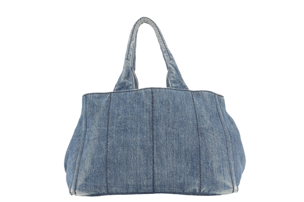 PRADA CANAPA TOTE BAG DENIM BLUE CANVAS LEATHER GOLD HARDWARE NO DUST COVER