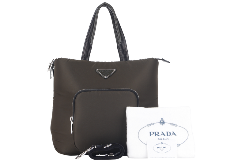 PRADA CARGO TESSUTO POCKET TOTE (1BG273) ARMY GREEN NYLON SILVER HARDWARE WITH STRAP AND DUST COVER