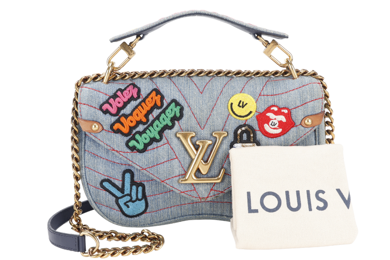LOUIS VUITTON NEW WAVE CHAIN BAG BLUE DENIM GOLD HARDWARE WITH DUST COVER