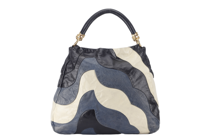 MIU MIU PATCHWORK HOBO BLUE WHITE CALF LEATHER GOLD HARDWARE NO DUST COVER