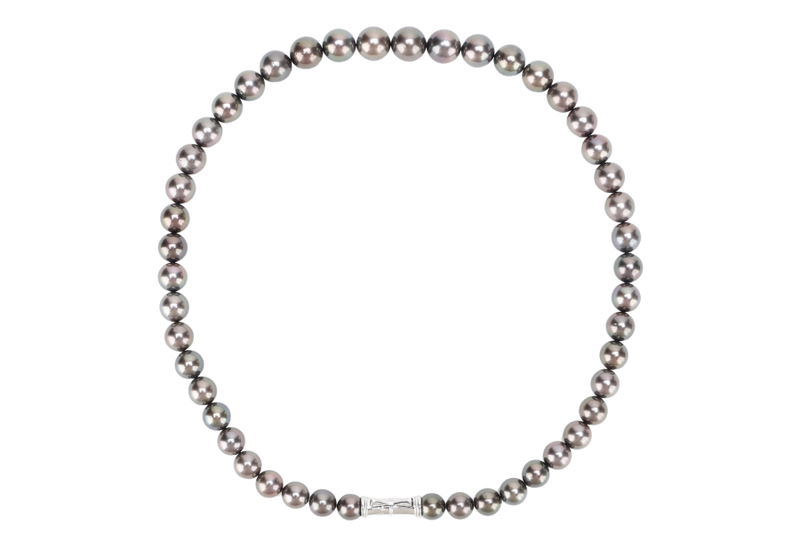 TASAKI BLACK PEARL NECKLACE 56.4G 8.0-11.0MM SV SETTINGS 46CM WITH BOX