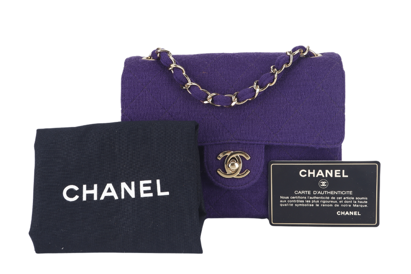 CHANEL CLASSIC FLAP MINI SQUARE (648xxxx) PURPLE JERSEY GOLD HARDWARE WITH DUST COVER AND CARD