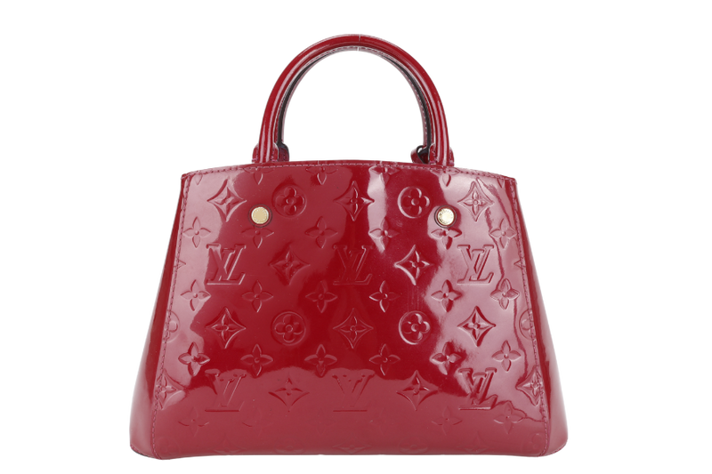LOUIS VUITTON MONTAIGNE BB MAGENTA MONOGRAM VERNIS GOLD HARDWARE WITH STRAPS, LOCK & KEYS AND DUST COVER