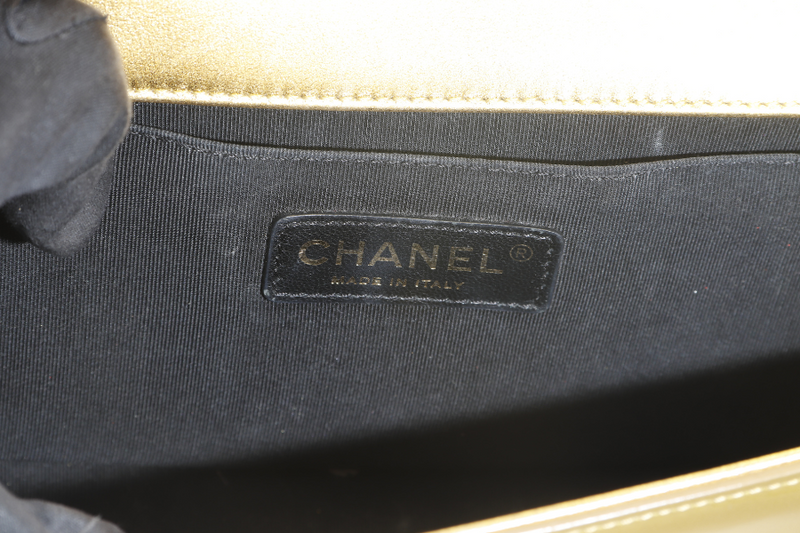 CHANEL LE BOY MEDIUM METALLIC PATENT GOLD CALFSKIN (1944xxxx) WITH DUST COVER, CARD AND BOX