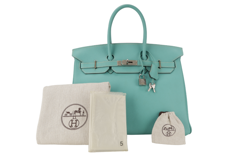 HERMES BIRKIN 35 BLUE AQUA TOGO LEATHER SILVER HARDWARE STAMP M (2009) WITH LOCK&KEYS, RAINCOAT AND DUST COVER