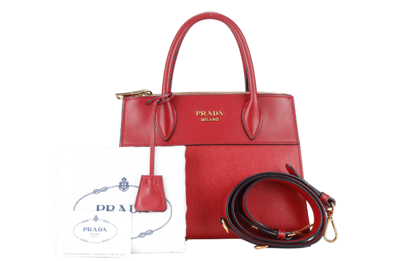 PRADA IBA116 RED ROSSO SAFFIANO x SMOOTH LEATHER BAG WITH STRAPS, CARD AND DUST COVER