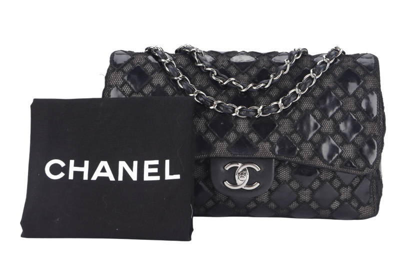 CHANEL CLASSIC FLAP JUMBO (1430xxxx ) BLACK PATENT LACE SILVER HARDWARE NO CARD WITH BOX AND DUST COVER