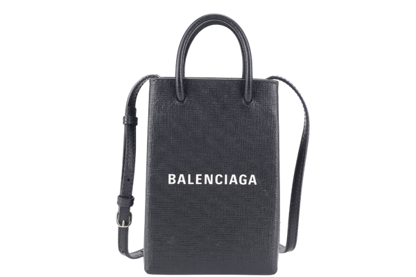 BALENCIAGA SHOPPING PHONE HOLDER BAG BLACK LEATHER SILVER HARDWARE NO DUST COVER