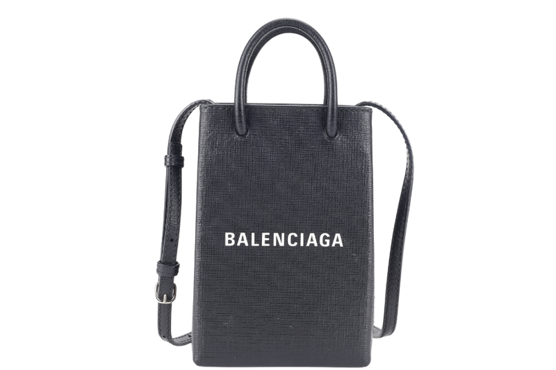 BALENCIAGA SHOPPING PHONE HOLDER BAG BLACK LEATHER SILVER HARDWARE NO DUST COVER