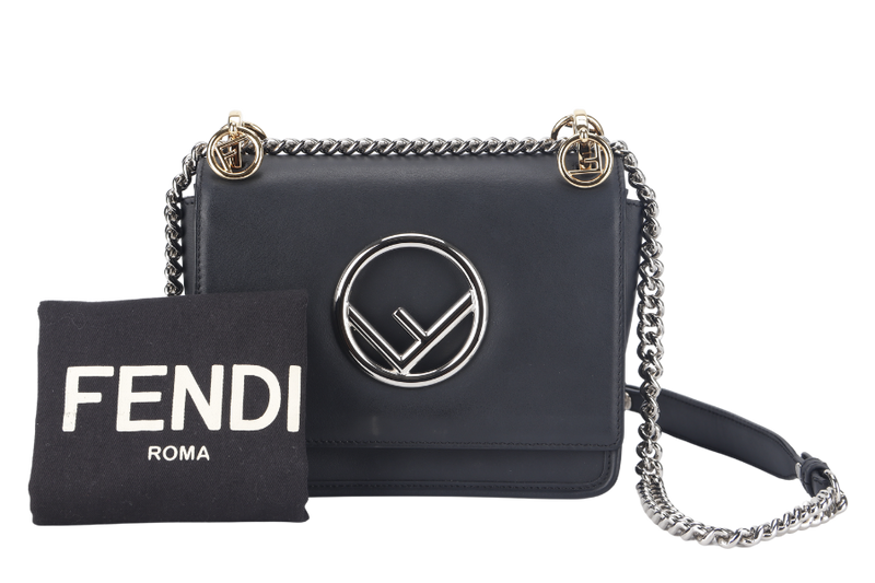 FENDI KAN I LOGO CROSSBODY (8BT286) SMALL BLACK CALF LEATHER PALLADIUM AND GOLD HARDWARE WITH DUST COVER