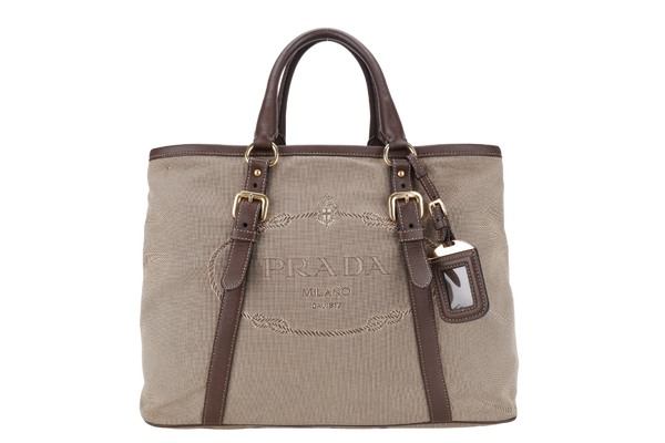 PRADA JACQUARD SHOPPING TOTE GOLD HARDWARE WITH STRAPS