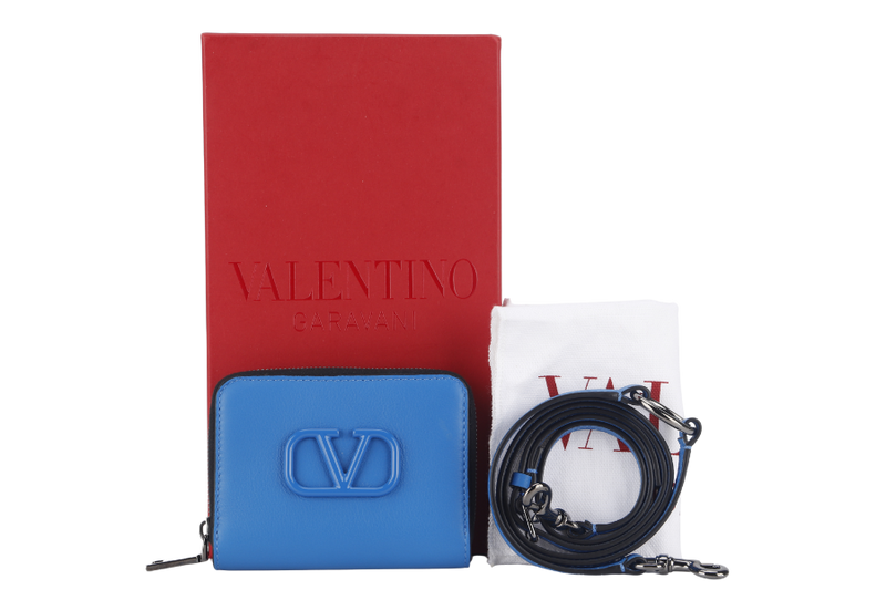 VALENTINO GARAVANI BLUE LEATHER V LOGO CAMERA CROSSBODY BAG RUTHENIUM HARDWARE WITH STRAPS, DUST COVER AND BOX