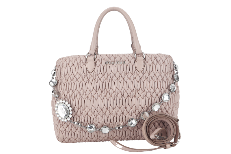 MIU MIU PINK MATELASSE NAPPA LEATHER CRYSTAL TOTE SILVER HARDWARE WITH CRYSTAL AND LEATHER STRAP