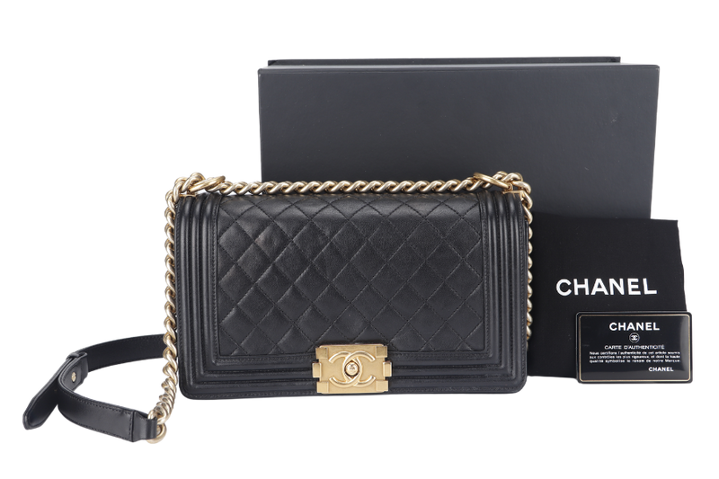 CHANEL LE BOY OLD MEDIUM (2165xxxx) BLACK LAMBSKIN GOLD HARDWARE WITH DUST COVER, CARD AND BOX