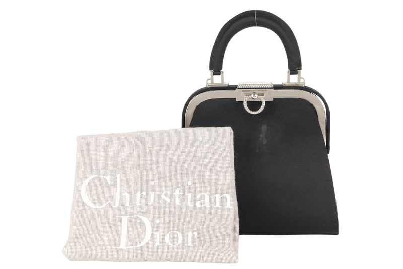 CHRISTIAN DIOR MINI CLASP HANDBAG BLACK SATIN SILVER HARDWARE WITH DUST COVER