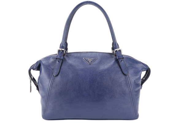 PRADA BR4998 BLUE LARGE LEATHER BOSTON BAG SILVER HARDWARE WITH KEYS & LOCK NO DUST COVER