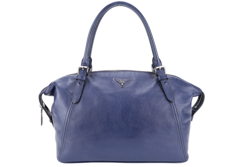 PRADA BR4998 BLUE LARGE LEATHER BOSTON BAG SILVER HARDWARE WITH KEYS & LOCK NO DUST COVER