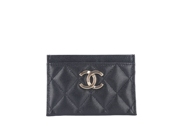 CHANEL BLACK CAVIAR CARD CASE MICROCHIP (X6XPxxxx) LIGHT GOLD HARDWARE WITH DUST COVER AND BOX