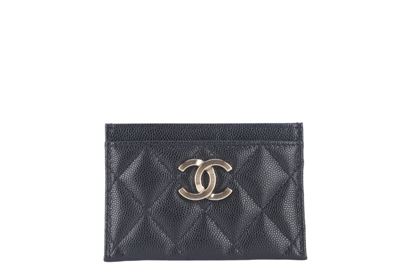 CHANEL BLACK CAVIAR CARD CASE MICROCHIP (X6XPxxxx) LIGHT GOLD HARDWARE WITH DUST COVER AND BOX