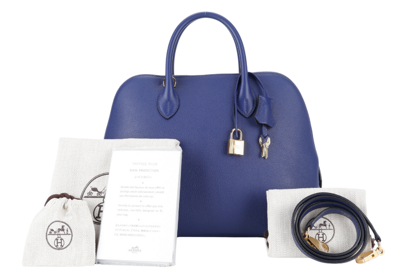 HERMES BOLIDE 1923 STAMP C (2018) BLUE ELECTRIC NOVILLO LEATHER GOLD HARDWARE WITH KEYS, LOCK, STRAPS, DUST COVER AND RAIN COAT