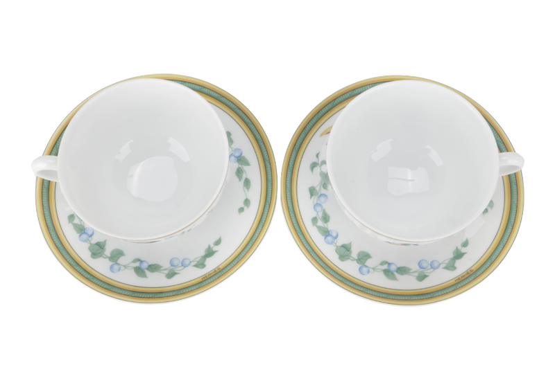 HERMES TOUCANS DÉCOR PORCELAIN TEA CUP AND SAUCER SET OF 2 WITH BOX