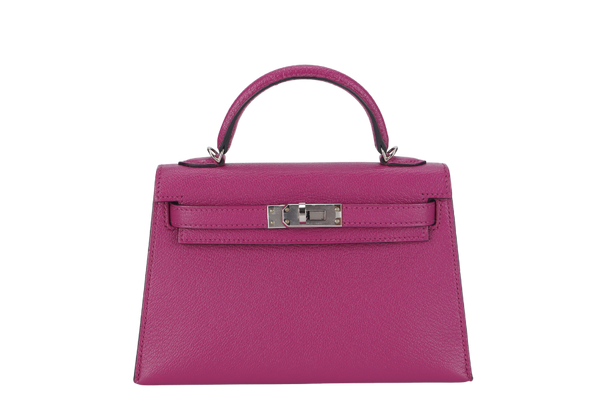 HERMES KELLY 20 ROSE POURPRE CHEVRE LEATHER WITH SILVER HARDWARE STAMP C (2018) WITH LOCK&KEYS, STRAPS AND DUST COVER