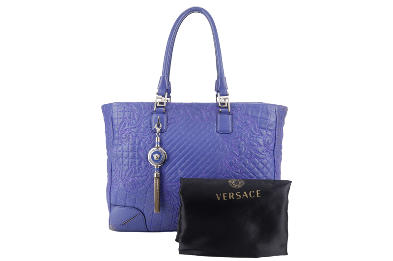 VERSACE PURPLE QUILTED LEATHER ELETTRA VANITAS TOTE GOLD HARDWARE WITH DUST COVER