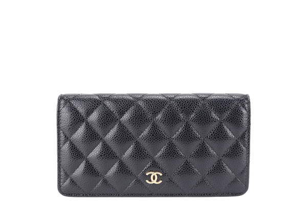 CHANEL BLACK QUILTED CAVIAR LEATHER L YEN CONTINENTAL WALLET (2446xxxx) GOLD HARDWARE WITH CARD NO DUST COVER