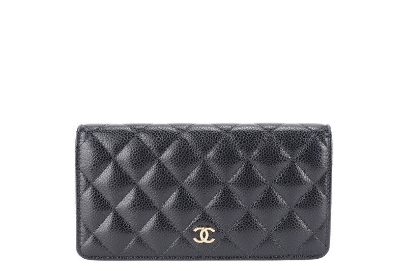 CHANEL BLACK QUILTED CAVIAR LEATHER L YEN CONTINENTAL WALLET (2446xxxx) GOLD HARDWARE WITH CARD NO DUST COVER