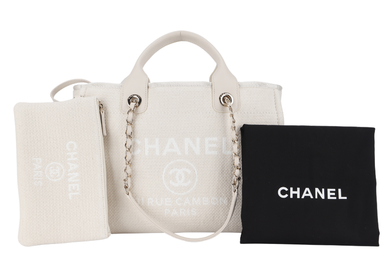 CHANEL DEAUVILLE SMALL BEIGE & WHITE CANVAS (K17Lxxxx) GOLD HARDWARE WITH DUST COVER AND BOX