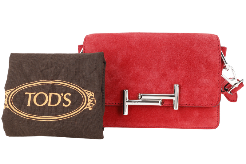 TODS AMU PATTINA TRACOLLA MINI RED SUEDE SHOULDER BAG SILVER HARDWARE WITH STRAPS AND DUST COVER