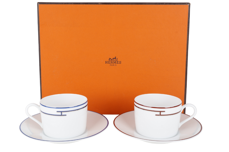 HERMES RHYTHM RED X BLUE PORCELAINE CUP AND SAUCER IN SET OF TWO PIECES WITH BOX