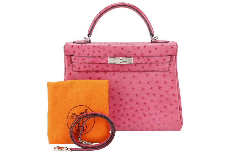HERMES KELLY 32 RETOURNE FUCHSIA OSTRICH PHW STAMP I (YEAR 2005) WITH STRAPS AND DUST COVER