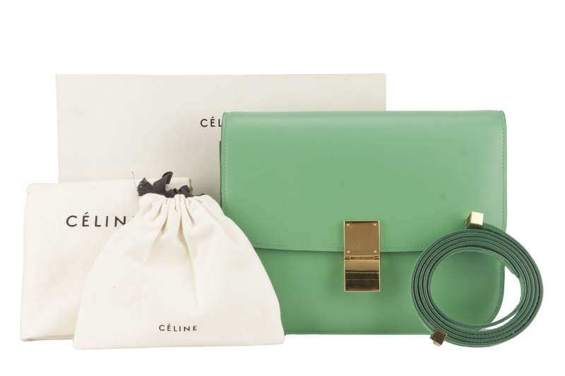 CELINE GREEN GOATSKIN MEDIUM CLASSIC BOX FLAP BAG IN PALM GOLD HARDWARE WITH STRAPS, DUST COVER AND BOX