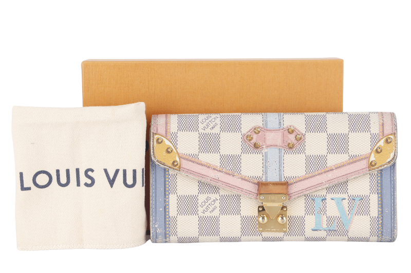 LOUIS VUITTON SARAH WALLET TRUNKS SUMMER DAMIER AZUR CANVAS GOLD HARDWARE WITH DUST COVER AND BOX