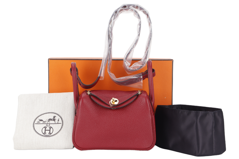 HERMES LINDY MINI 20 STAMP Y (YEAR 2020) ROUGE GRENAT CLEMENCE LEATHER GOLD HARDWARE WITH DUST COVER AND BOX