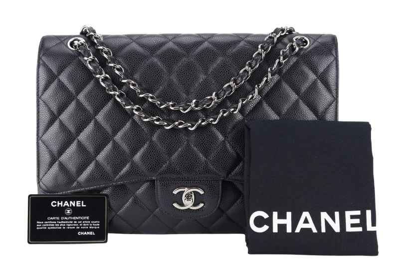 CHANEL SINGLE FLAP MAXI BLACK CAVIAR LEATHER SILVER HARDWARE 1328xxxx WITH CARD AND DUST COVER