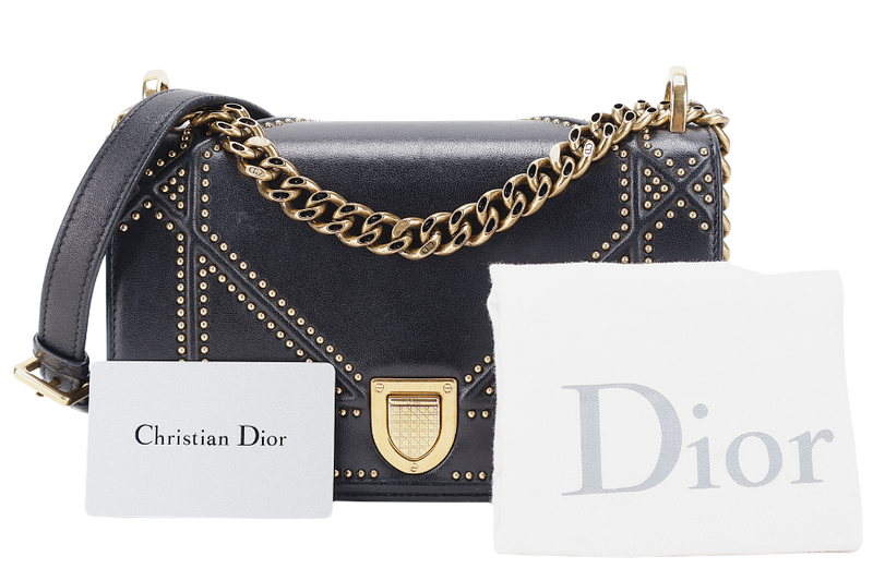 CHRISTIAN DIOR DIORAMA STUDDED BLACK LAMBSKIN GOLD HARDWARE (09-BO-0197) WITH DUST COVER AND CARD