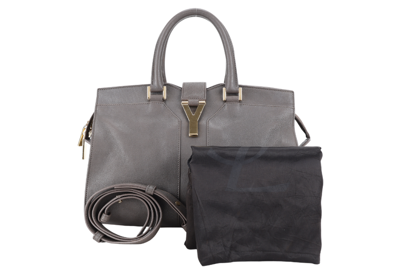 YVES SAINT LAURENT (YSL) CABAS Y LIGNE DARK GREY LEATHER GOLD HARDWARE WITH DUST COVER AND STRAPS
