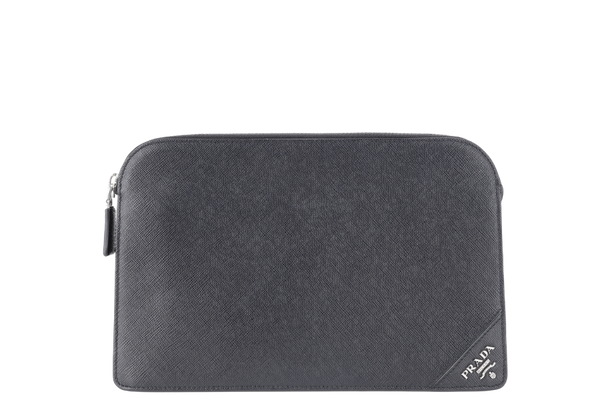 PRADA CORNER LOGO BLACK SAFFIANO LEATHER CLUTCH BAG SILVER HARDWARE NO DUST COVER