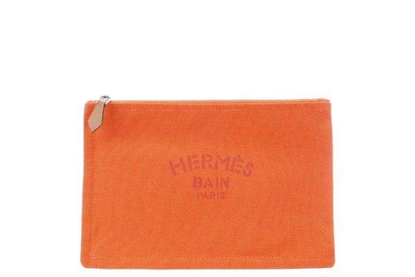 HERMES TROUSSE PLATE PM ORANGE CANVAS SILVER HARDWARE NO DUST COVER