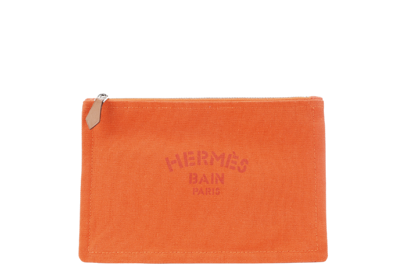 HERMES TROUSSE PLATE PM ORANGE CANVAS SILVER HARDWARE NO DUST COVER