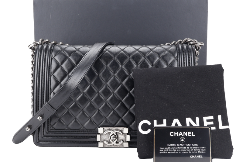CHANEL LEBOY NEW MEDIUM BLACK LAMBSKIN LEATHER SILVER HARDWARE (2310xxxx) WITH DUST COVER AND BOX