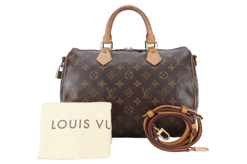 LOUIS VUITTON SPEEDY BANDOULIERE 30 MONOGRAM CANVAS LEATHER GOLD HARDWARE WITH STRAPS, LOCK, DUST COVER AND BOX