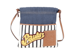LOEWE PAULA'S IBIZA STRIPE PATCH DRAWSTRING BAG BROWN LEATHER TRIM WITH DUST COVER